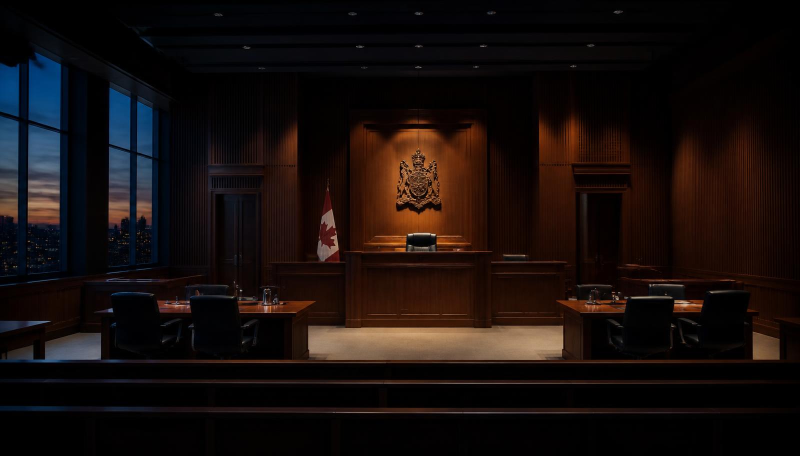 Empty Canadian courtroom with judge's bench, where criminal trials and bail hearings take place