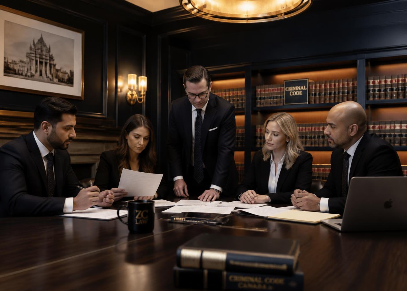 Criminal defence legal team reviewing disclosure and Criminal Code of Canada materials in a law firm boardroom
