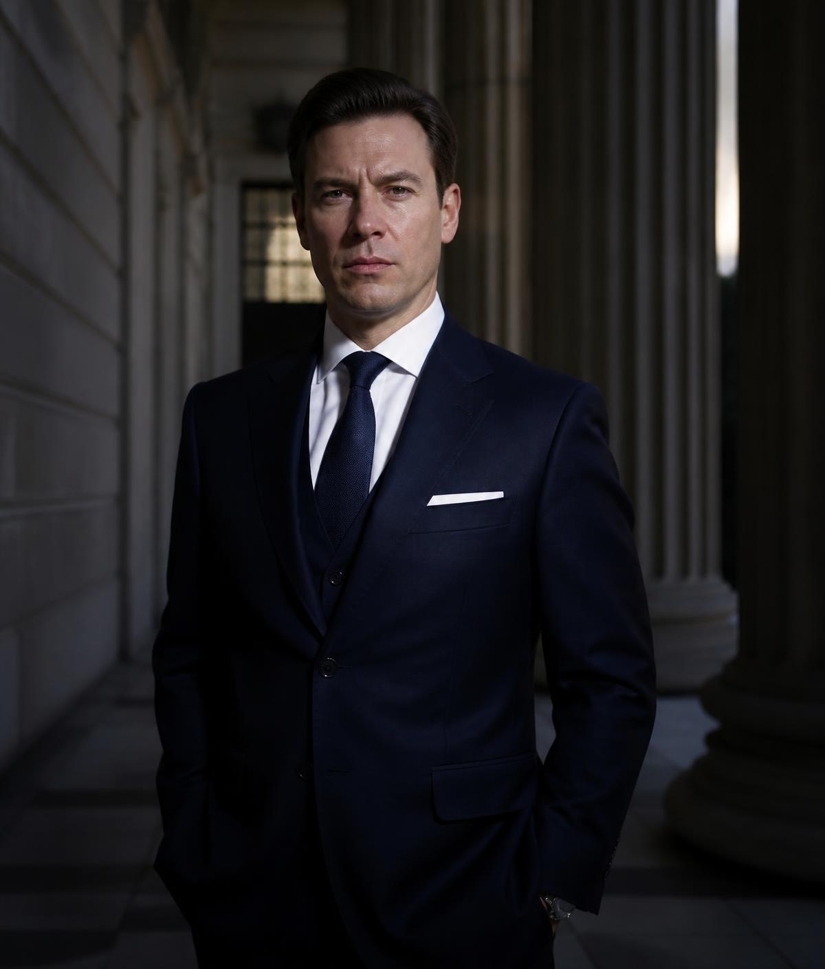 Criminal defence lawyer in a navy suit standing in a Canadian courthouse corridor before a court appearance